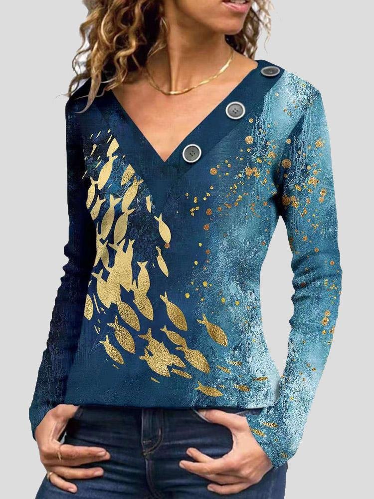 V-Neck Printed Button-Decorated Long Sleeve T-Shirt - LuckyFash™