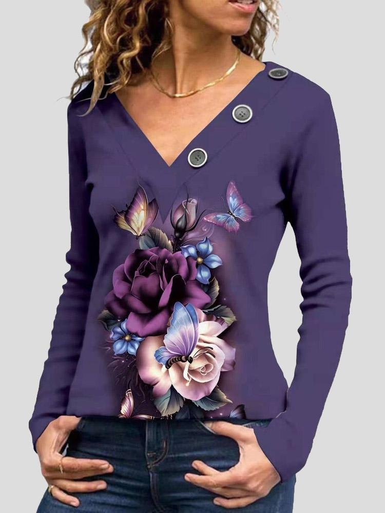 V-Neck Printed Button-Decorated Long Sleeve T-Shirt - LuckyFash™