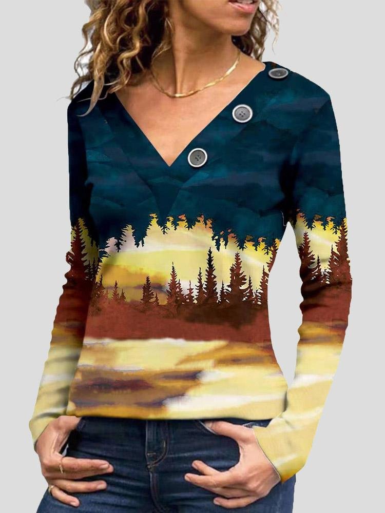 V-Neck Printed Button-Decorated Long Sleeve T-Shirt - LuckyFash™