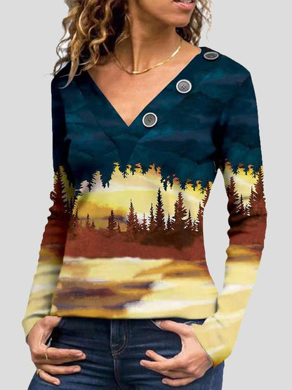 V-Neck Printed Button-Decorated Long Sleeve T-Shirt - LuckyFash™