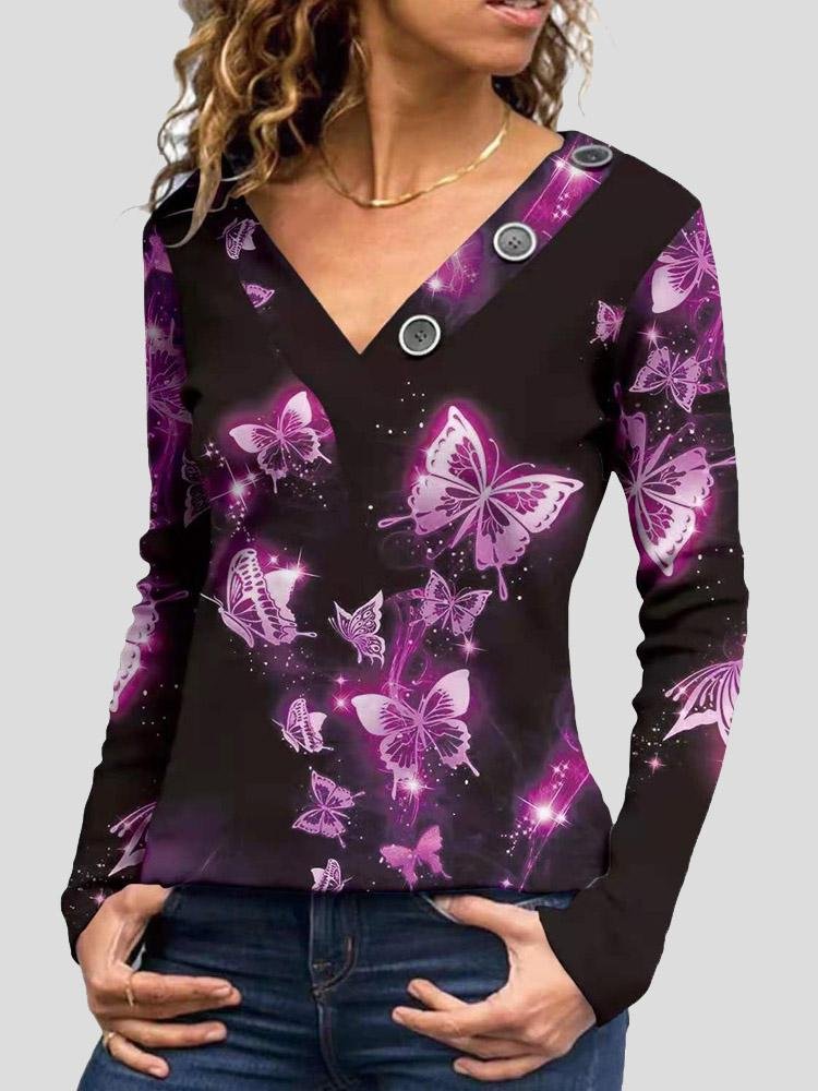 V-Neck Printed Button-Decorated Long Sleeve T-Shirt - LuckyFash™