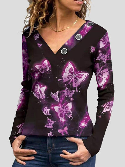 V-Neck Printed Button-Decorated Long Sleeve T-Shirt - LuckyFash™