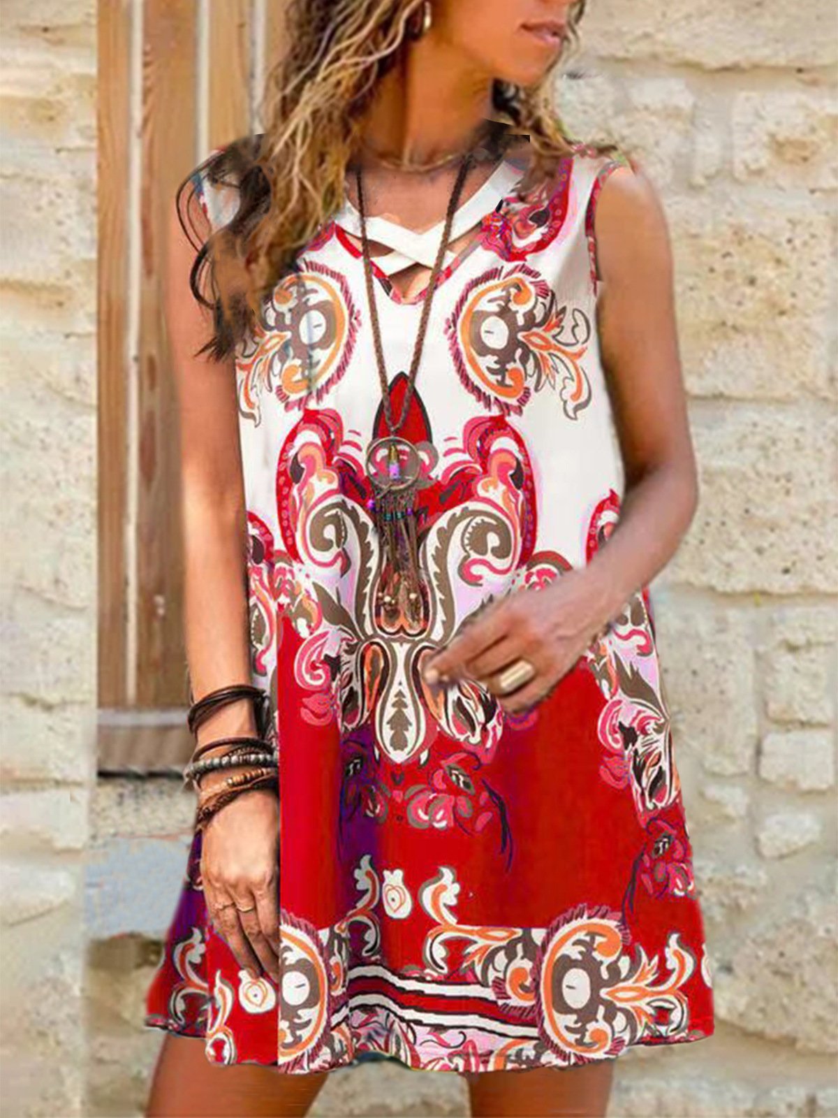 V-Neck Printed Cross Sleeveless Dress - LuckyFash™