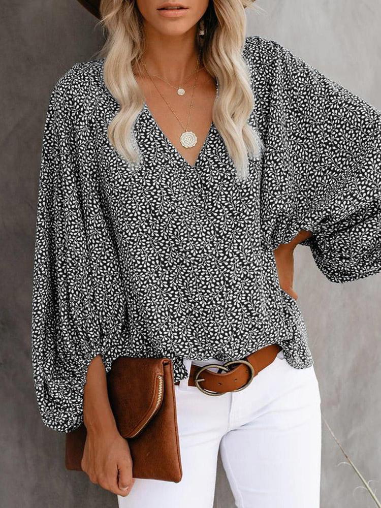 V-Neck Printed Lantern Sleeves Blouses - LuckyFash™