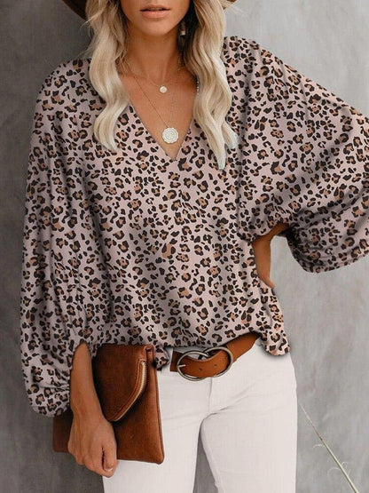 V-Neck Printed Lantern Sleeves Blouses - LuckyFash™