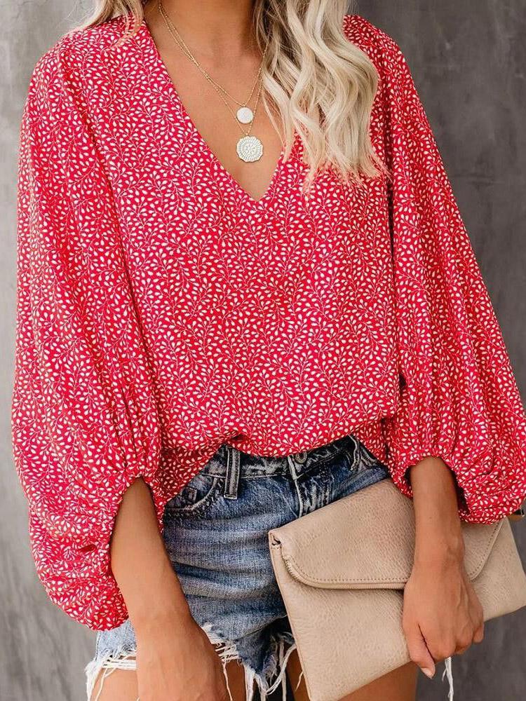 V-Neck Printed Lantern Sleeves Blouses - LuckyFash™