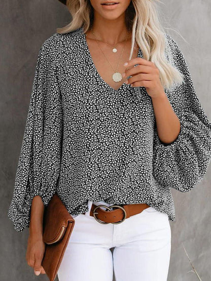 V-Neck Printed Lantern Sleeves Blouses - LuckyFash™