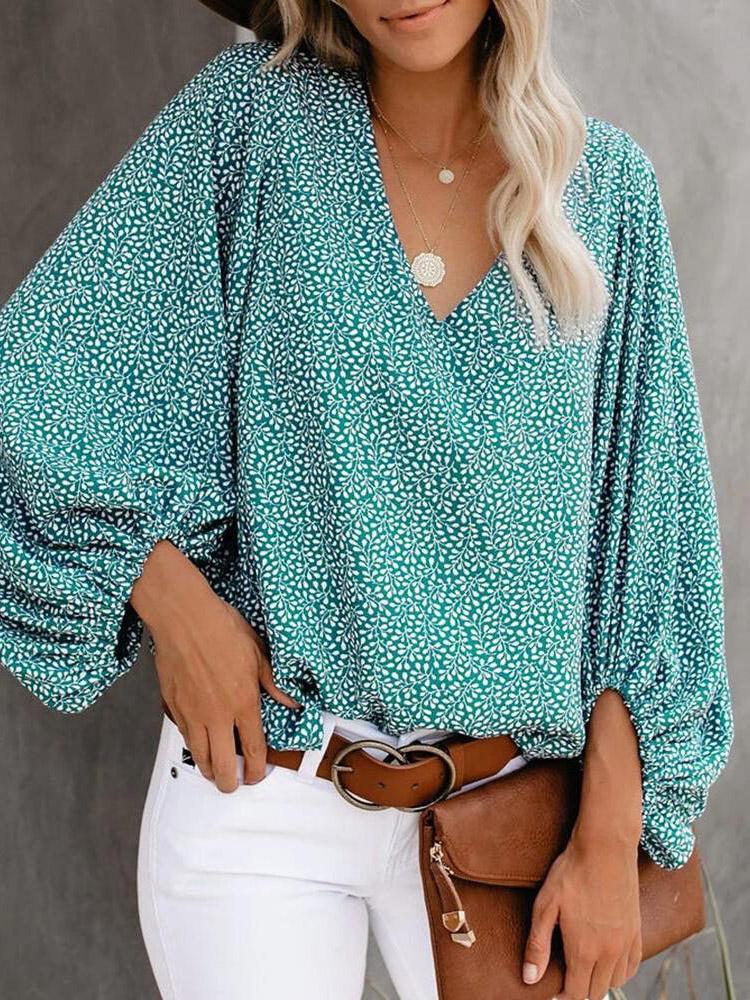 V-Neck Printed Lantern Sleeves Blouses - LuckyFash™