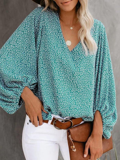 V-Neck Printed Lantern Sleeves Blouses - LuckyFash™