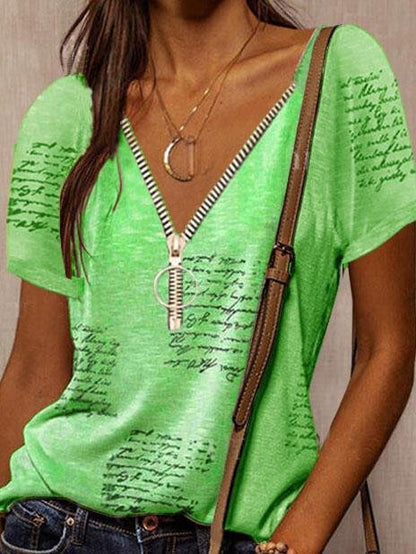 V-neck Printed Short Sleeve Casual T-shirt - LuckyFash™