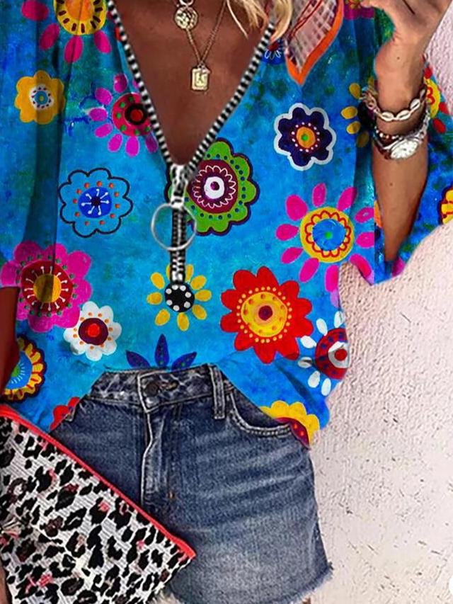 V-Neck Printed Zipper Five-Quarter Sleeves Blouses - LuckyFash™