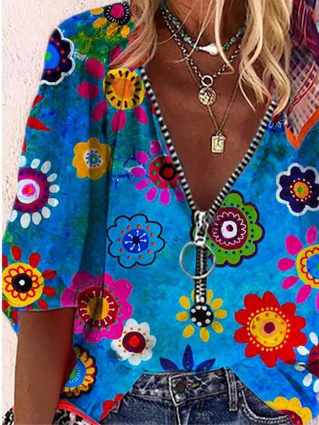 V-Neck Printed Zipper Five-Quarter Sleeves Blouses - LuckyFash™