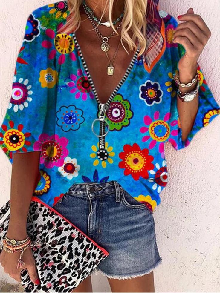 V-Neck Printed Zipper Five-Quarter Sleeves Blouses - LuckyFash™
