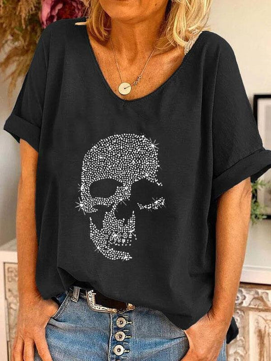 V-neck Skull Print Loose Short Sleeve T-shirt - LuckyFash™