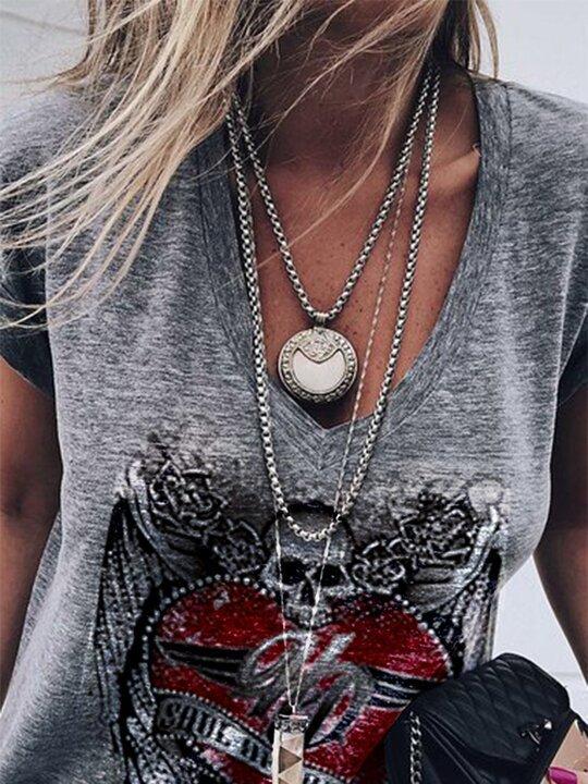 V-neck Skull Print Short-sleeved T-shirt - LuckyFash™