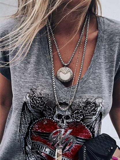 V-neck Skull Print Short-sleeved T-shirt - LuckyFash™