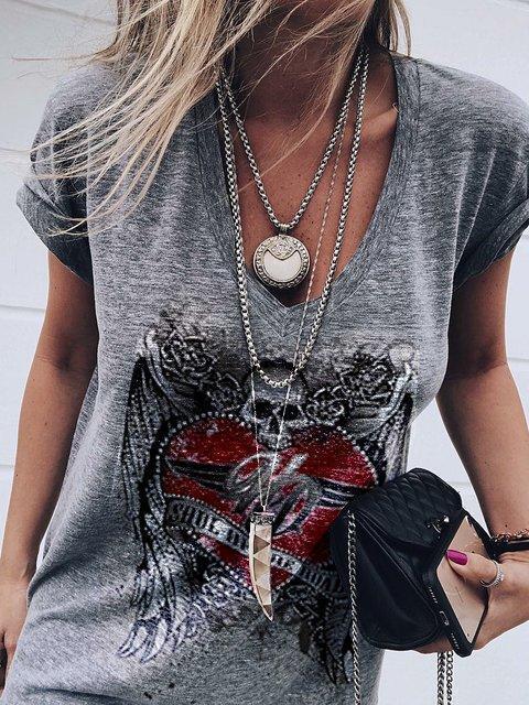 V-neck Skull Print Short-sleeved T-shirt - LuckyFash™