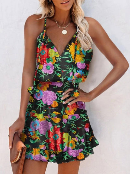 V-Neck Sleeveless Floral Print Suspender Dress - LuckyFash™