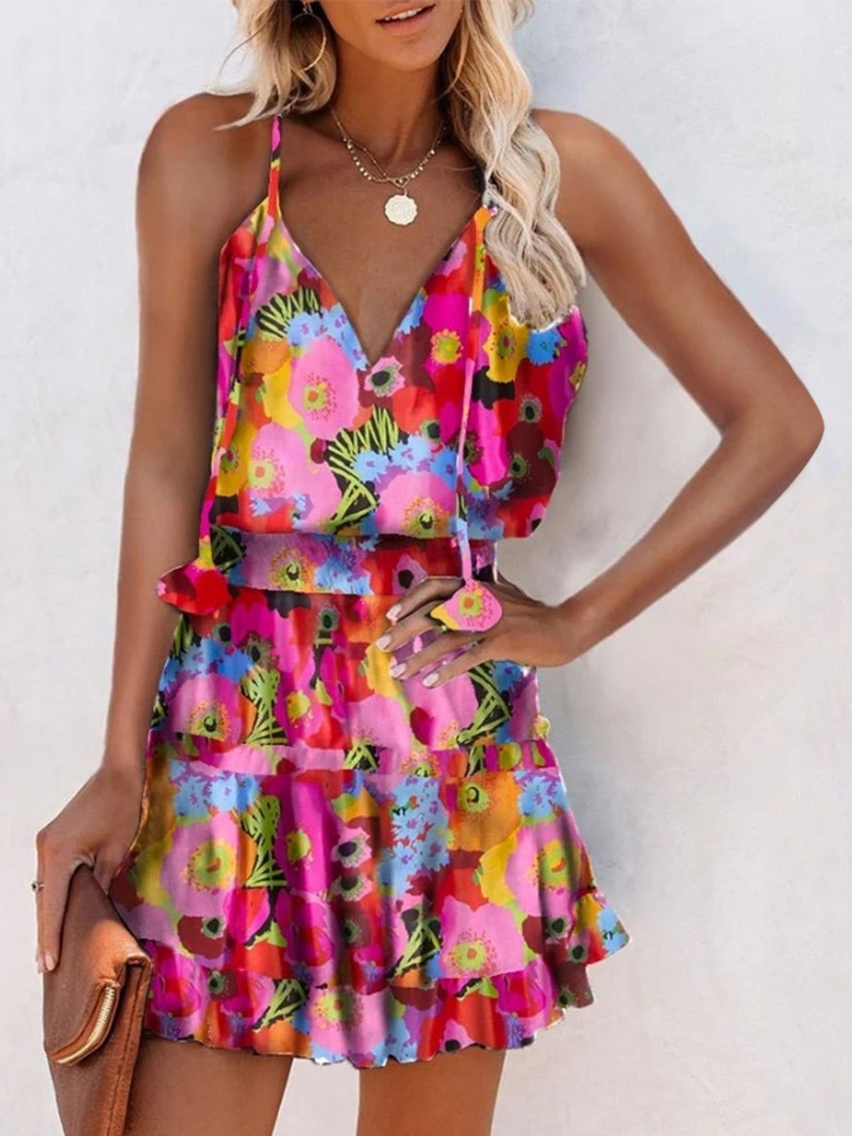 V-Neck Sleeveless Floral Print Suspender Dress - LuckyFash™