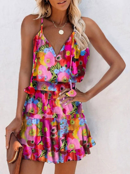V-Neck Sleeveless Floral Print Suspender Dress - LuckyFash™