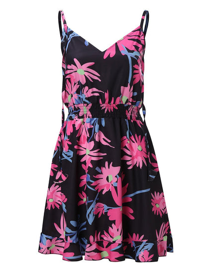 V-Neck Sleeveless Floral Print Suspender Dress - LuckyFash™