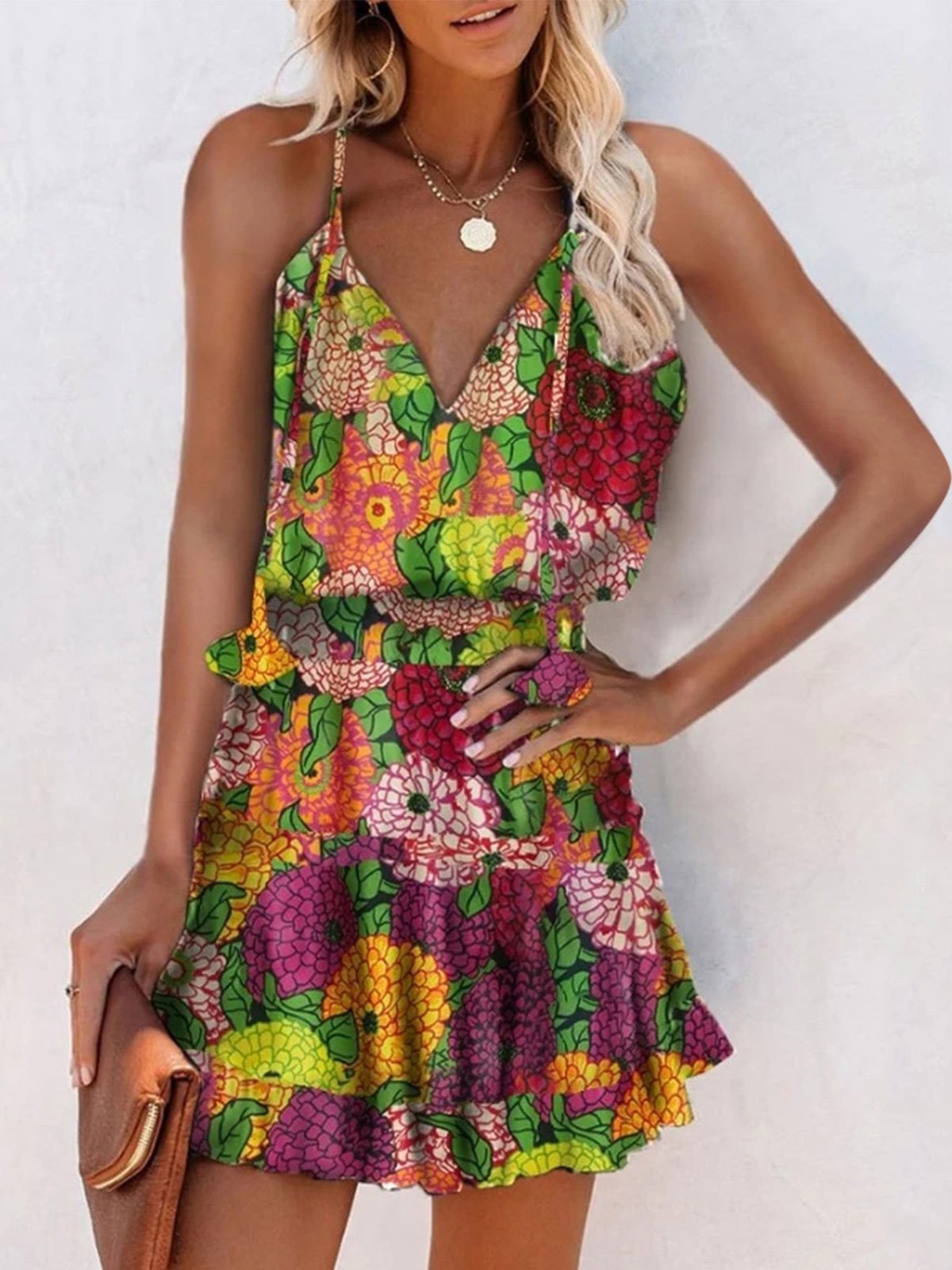 V-Neck Sleeveless Floral Print Suspender Dress - LuckyFash™