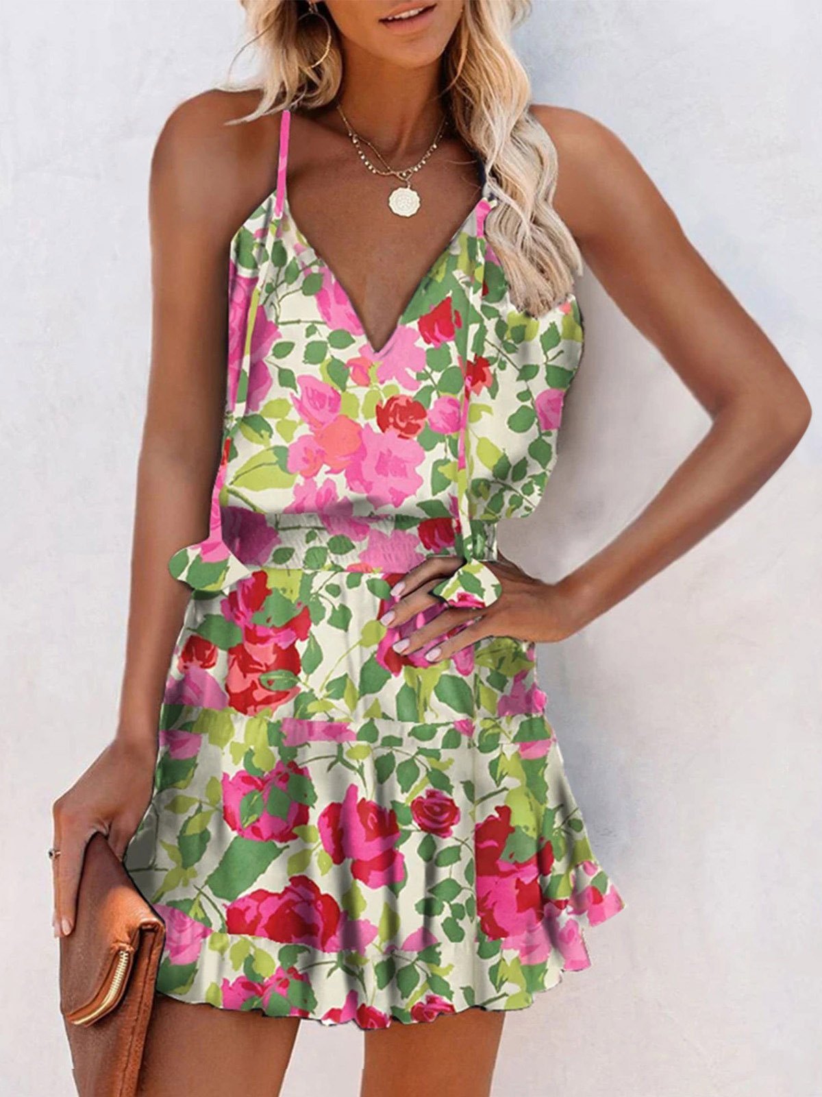 V-Neck Sleeveless Floral Print Suspender Dress - LuckyFash™