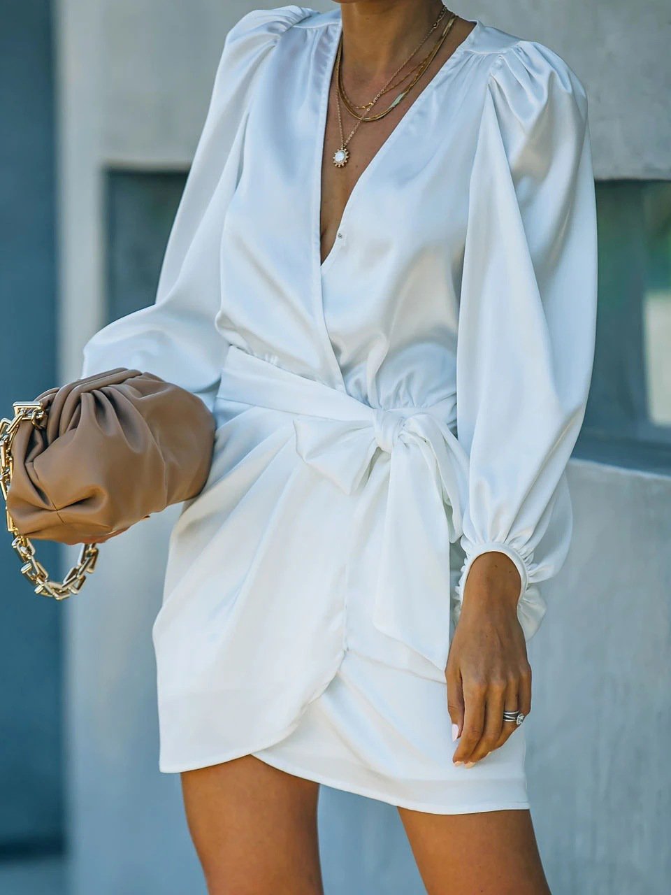 V-Neck Slim Lantern Sleeve Mini Dress - LuckyFash™