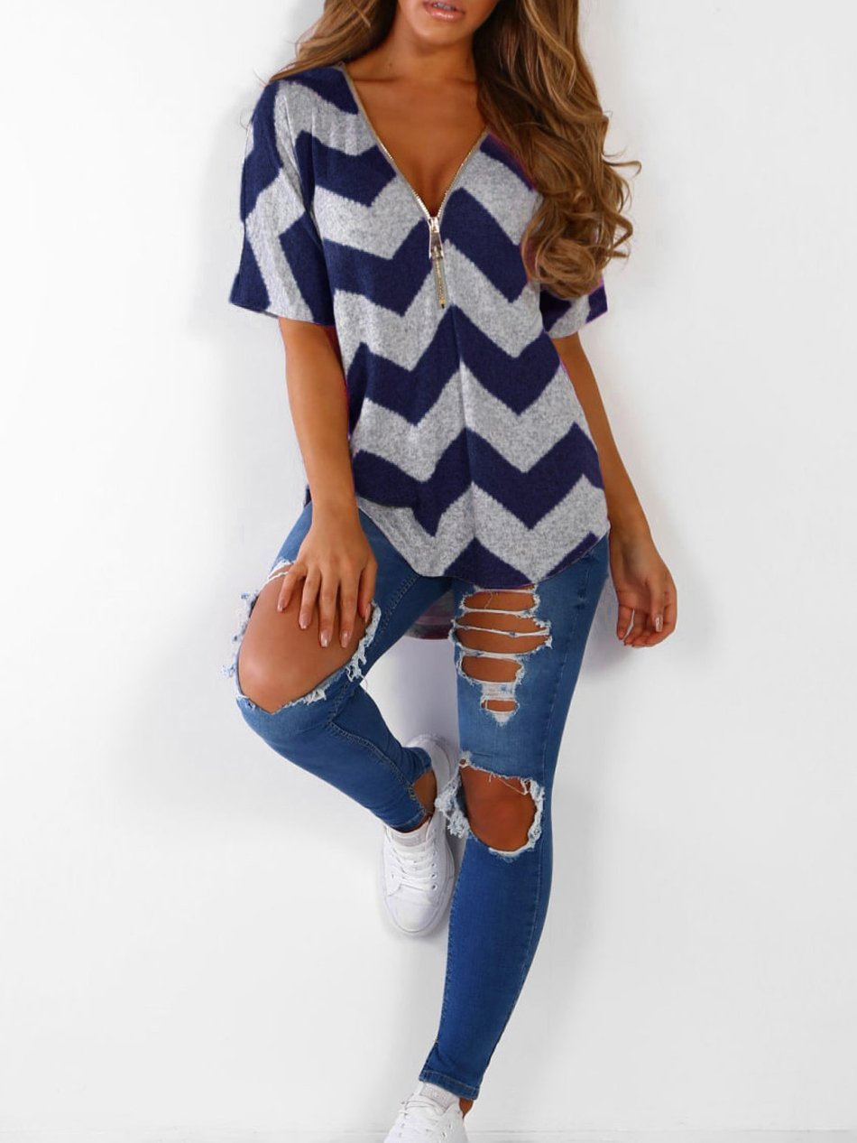 V-neck Zipper Chevron Print T-shirts - LuckyFash™