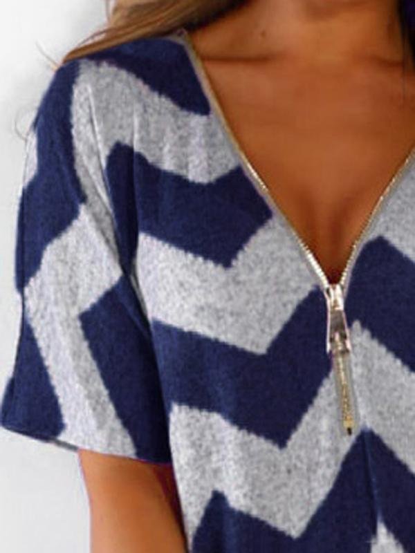 V-neck Zipper Chevron Print T-shirts - LuckyFash™