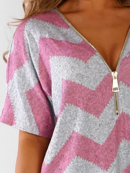 V-neck Zipper Chevron Print T-shirts - LuckyFash™