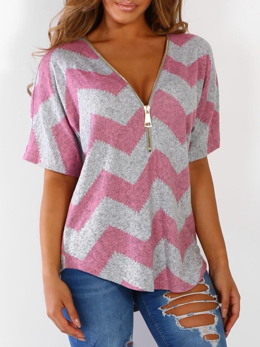 V-neck Zipper Chevron Print T-shirts - LuckyFash™