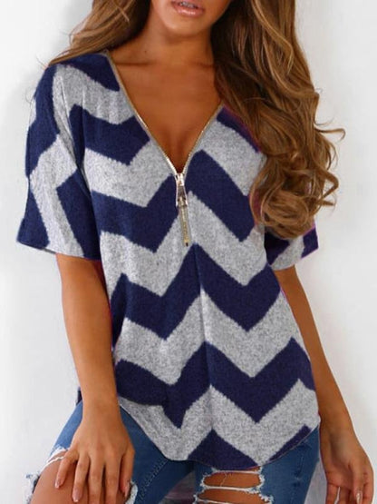 V-neck Zipper Chevron Print T-shirts - LuckyFash™