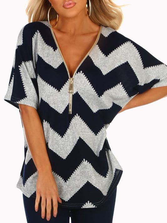 V-neck Zipper Chevron Print T-shirts - LuckyFash™