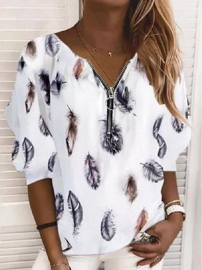 V-Neck Zipper Feather Print Long Sleeves Blouses - LuckyFash™