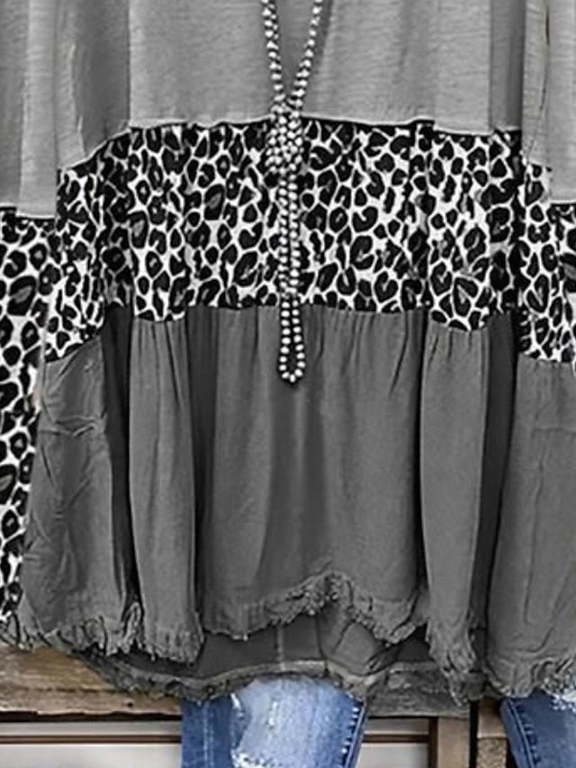 Women's Blouse Gray Leopard Color Block Print Long Sleeve Daily Vacation Basic Casual V Neck Plus Size L - LuckyFash™