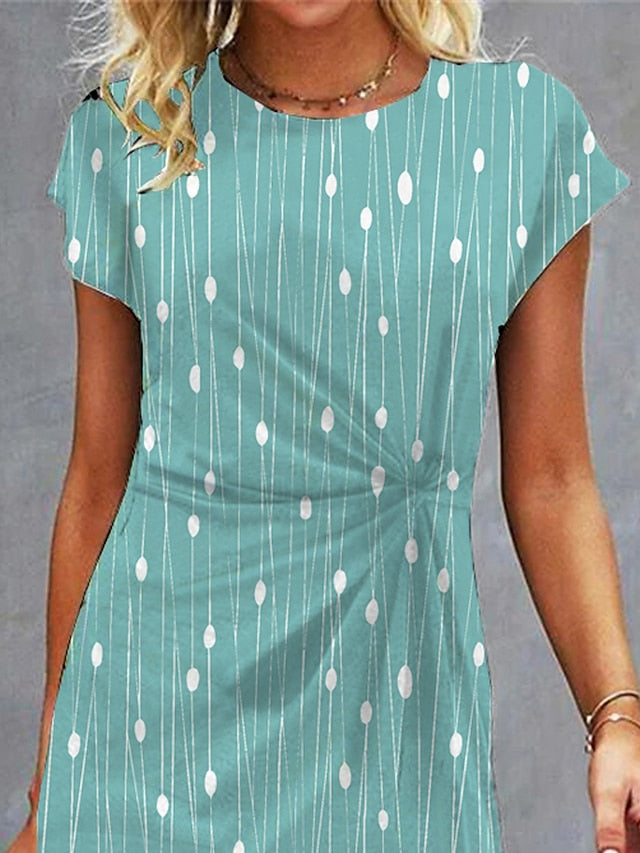 Women's Work Dress Sheath Dress Semi Formal Dress Fashion Midi Dress Ruched Print Crew Neck Short Sleeve Polka Dot Stripe Loose Fit Green Summer Spring S M L XL XXL - LuckyFash™