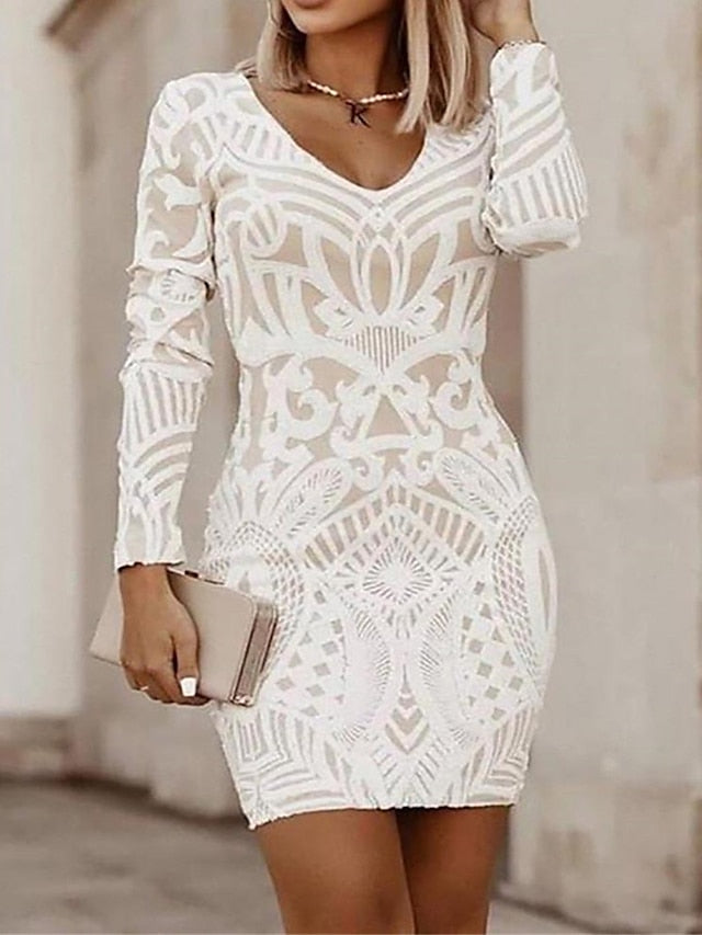 Women's Work Dress Sheath Dress Semi Formal Dress Fashion Mini Dress Print V Neck Long Sleeve Floral Geometric Regular Fit Black White Wine Fall Winter S M L XL XXL - LuckyFash™