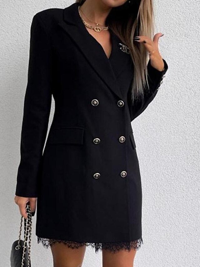 Women's Work Dress Blazer Dress Black Red Green Long Sleeve Solid Color Lace Fall Winter Turndown Streetwear 2023 S M L XL XXL - LuckyFash™