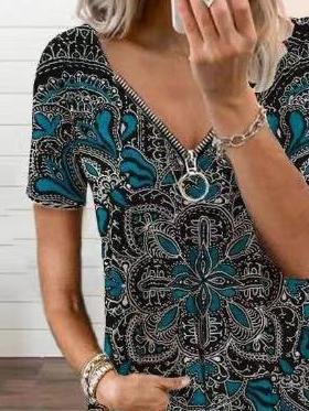 Vintage Printed Zipper V-neck Loose T-shirt - LuckyFash™