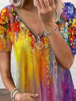 Vintage Printed Zipper V-neck Loose T-shirt - LuckyFash™