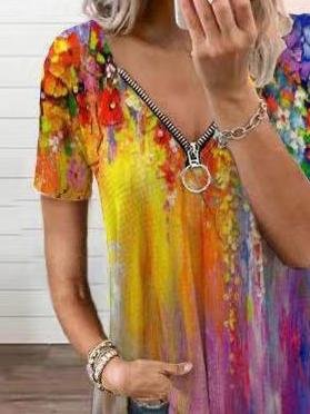 Vintage Printed Zipper V-neck Loose T-shirt - LuckyFash™