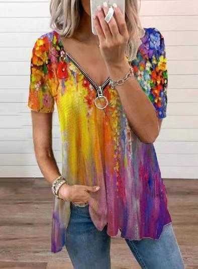 Vintage Printed Zipper V-neck Loose T-shirt - LuckyFash™