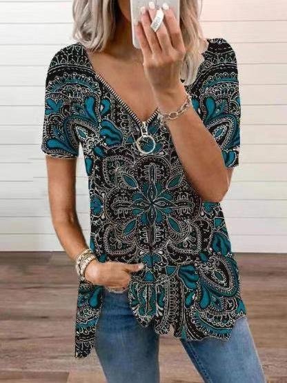 Vintage Printed Zipper V-neck Loose T-shirt - LuckyFash™