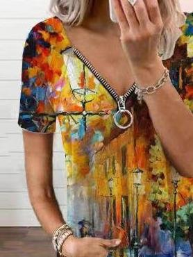 Vintage Printed Zipper V-neck Loose T-shirt - LuckyFash™