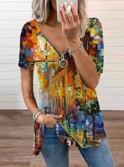 Vintage Printed Zipper V-neck Loose T-shirt - LuckyFash™