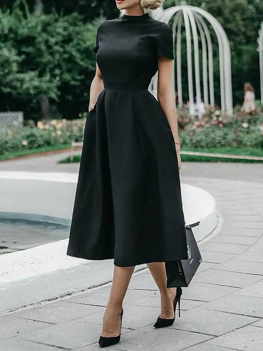 Women's Work Dress Black Dress Formal Dress Midi Dress Black White Blue Short Sleeve Pure Color Slim Summer Spring Crew Neck Elegant Office Slim 2023 S M L XL XXL - LuckyFash™