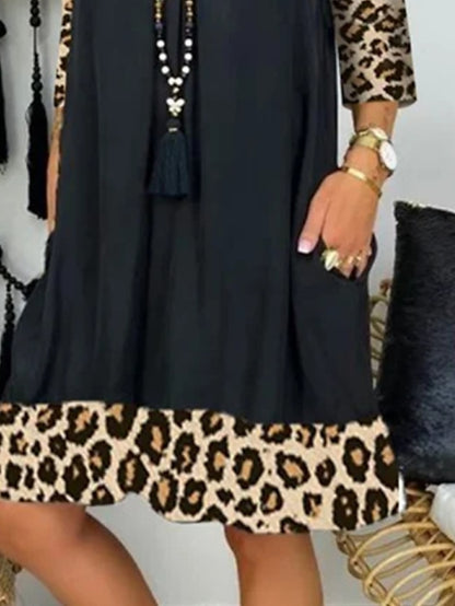 Women's A Line Dress Knee Length Dress Black Long Sleeve Leopard Patchwork Summer Spring V Neck Casual Winter Dress Fall Dress Loose Fit 2023 S M L XL XXL 3XL - LuckyFash™