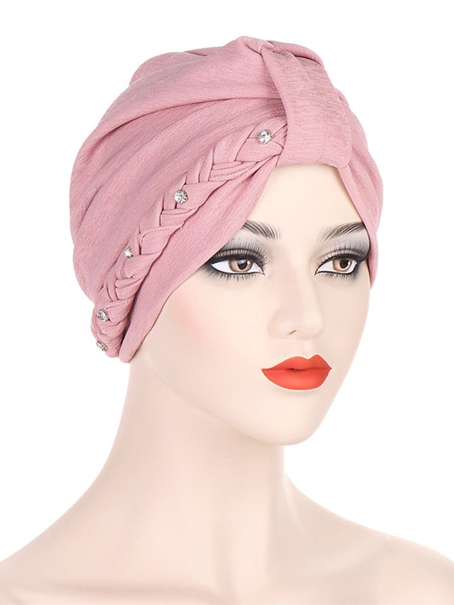 1PCS Trendy Two Dress Braid Turban Cap for Women with Crystal Muslim Head Wrap Islam Hijab Bonnet Hair Care Hat - LuckyFash™