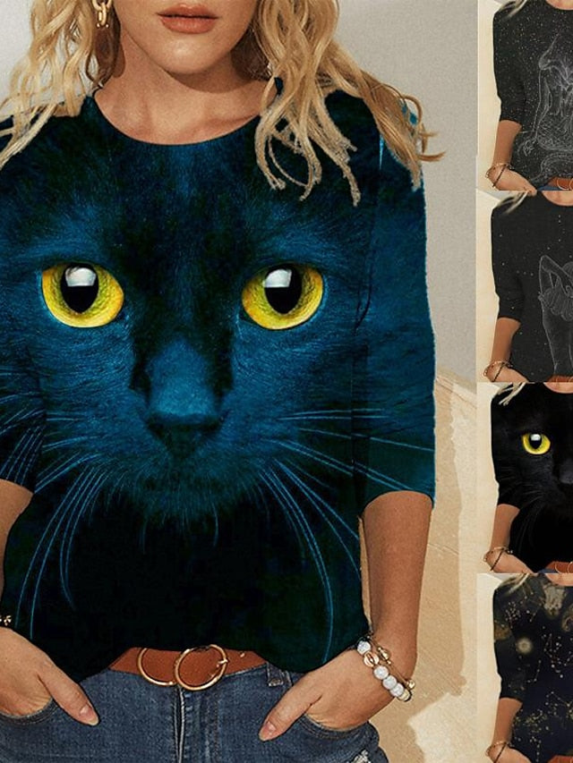 Women's T shirt Tee Black Blue Cat 3D Print Long Sleeve Daily Weekend Basic Round Neck Regular 3D Cat Painting S - LuckyFash™